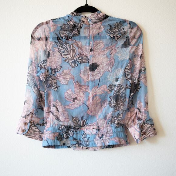 Byron Lars Pastel Blouse Blue Pink Floral Print Tie Neck Sheer Button Front SZ 2 - Picture 4 of 7